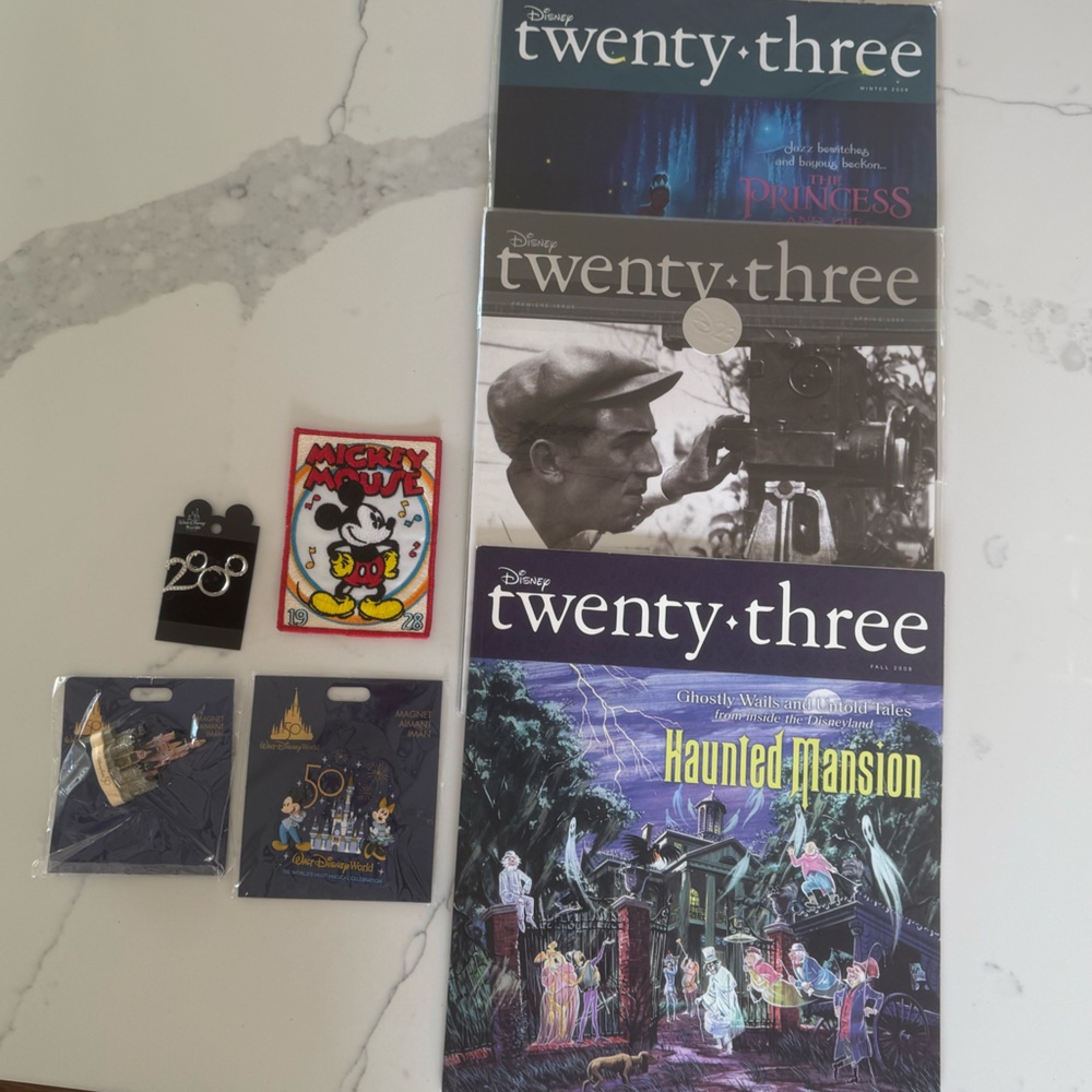 Disney bundle three magazines, two magnets, one pin and a patch